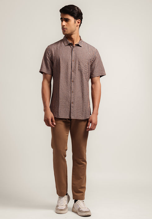 MOC - Kemeja Kotak-kotak Pria Lengan Pendek Brad - Brown