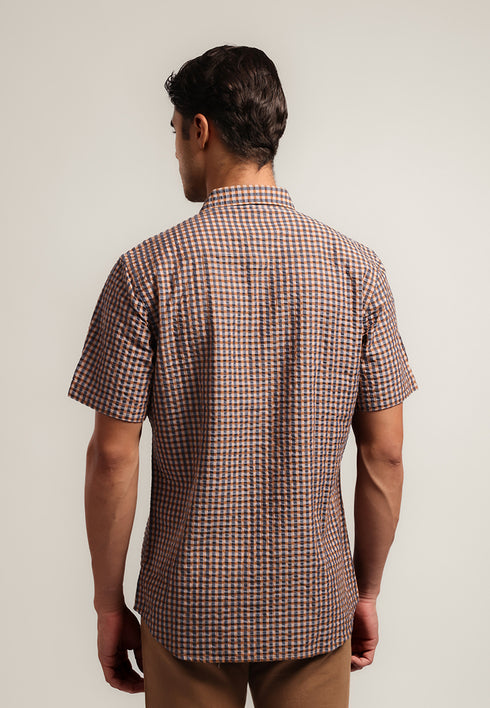 MOC - Kemeja Kotak-kotak Pria Lengan Pendek Brad - Brown