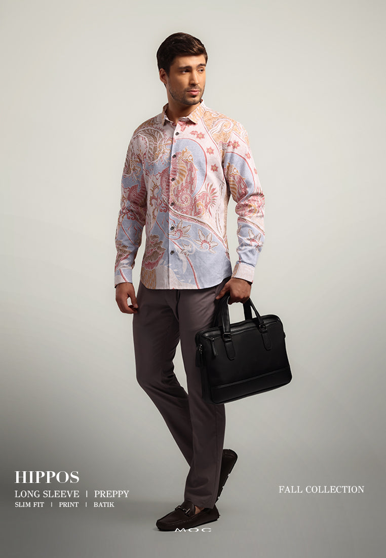 MOC - Kemeja Batik Pria Lengan Panjang Hippos - Beige