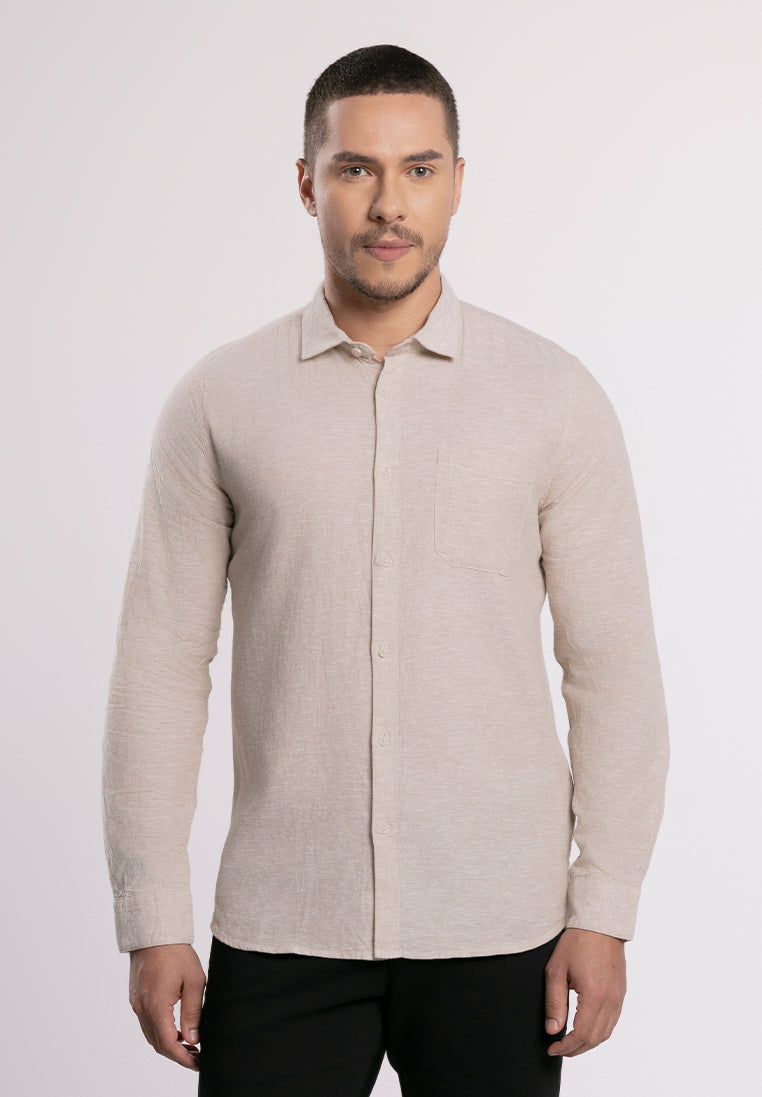 MOC - Kemeja Polos Pria Lengan Panjang Ford - Beige