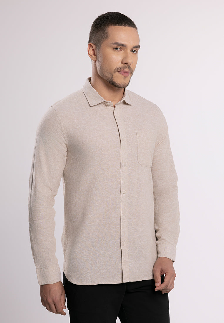 MOC - Kemeja Polos Pria Lengan Panjang Ford - Beige