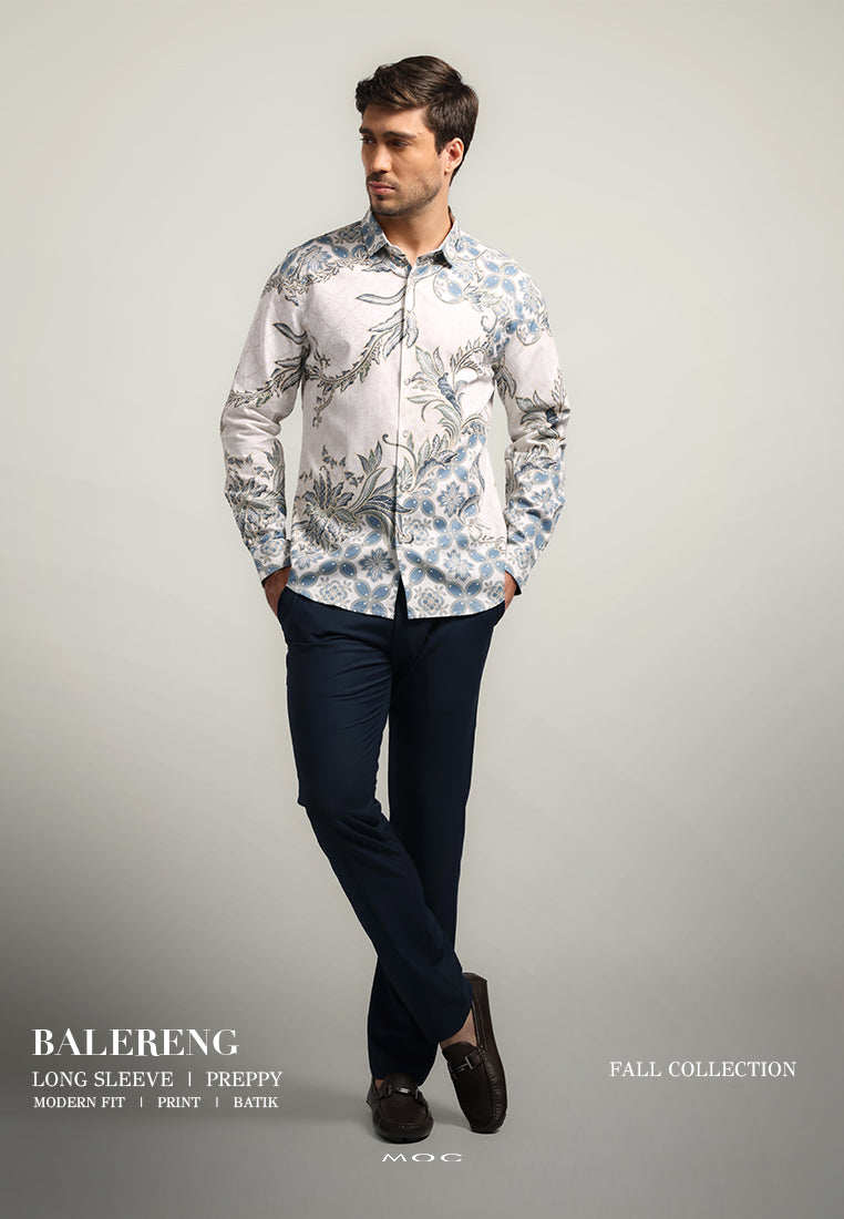 MOC - Kemeja Batik Pria Lengan Panjang Balereng - White