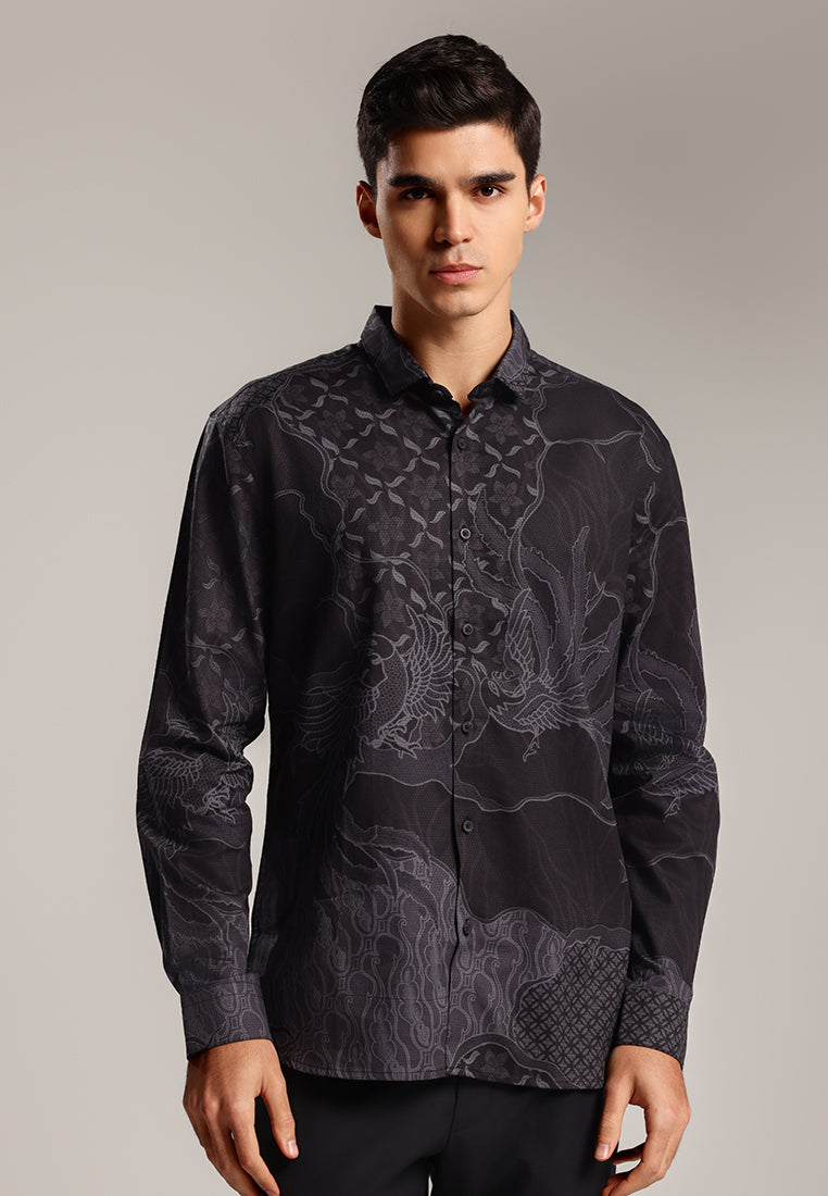 MOC - Kemeja Batik Pria Lengan Panjang Manhora - Black