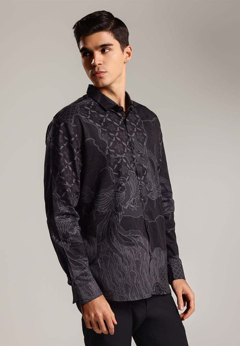 MOC - Kemeja Batik Pria Lengan Panjang Manhora - Black