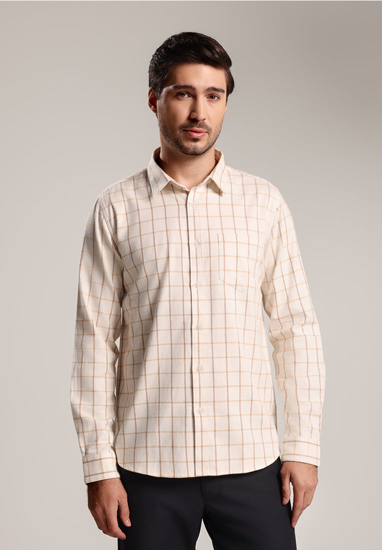 MOC - Kemeja Kotak-kotak Pria Lengan Panjang Spencer - Light Beige