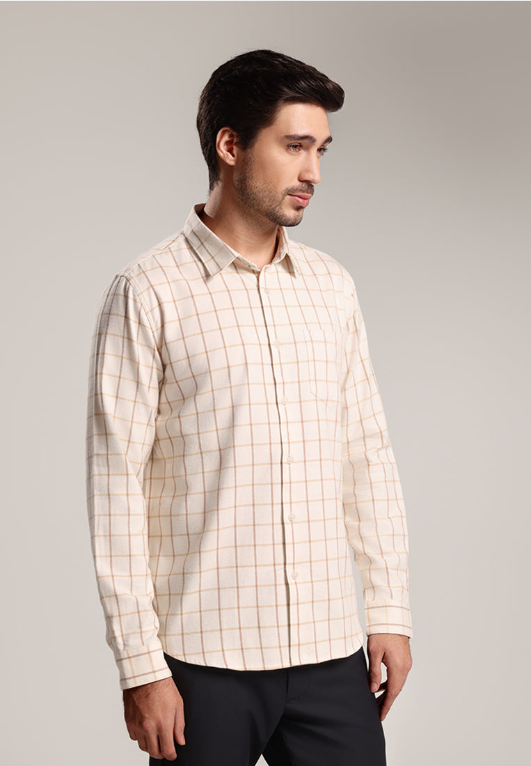 MOC - Kemeja Kotak-kotak Pria Lengan Panjang Spencer - Light Beige