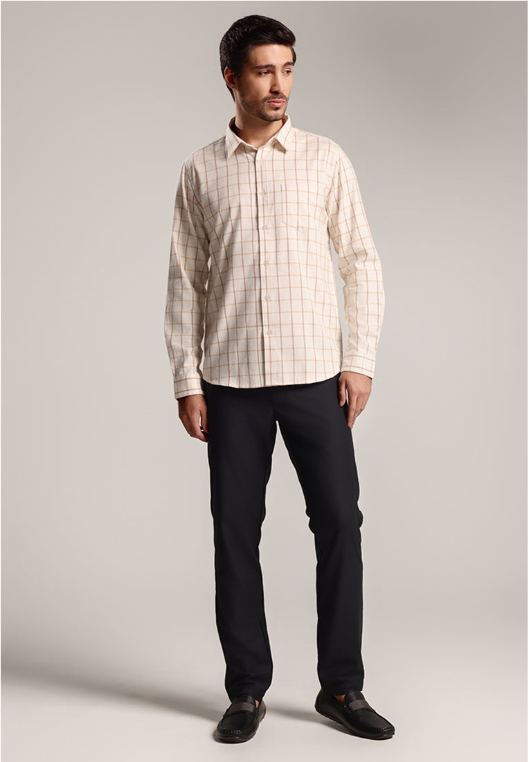 MOC - Kemeja Kotak-kotak Pria Lengan Panjang Spencer - Light Beige