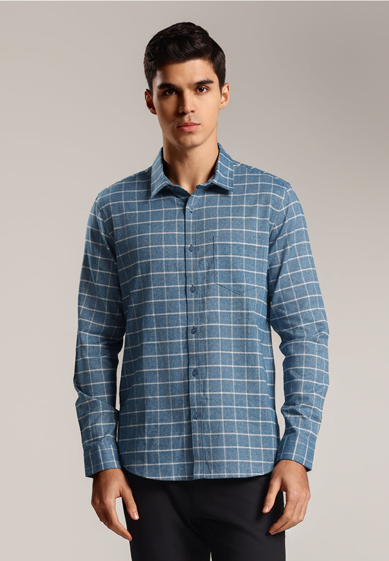 MOC - Kemeja Kotak-kotak Pria Lengan Panjang Spencer - Blue