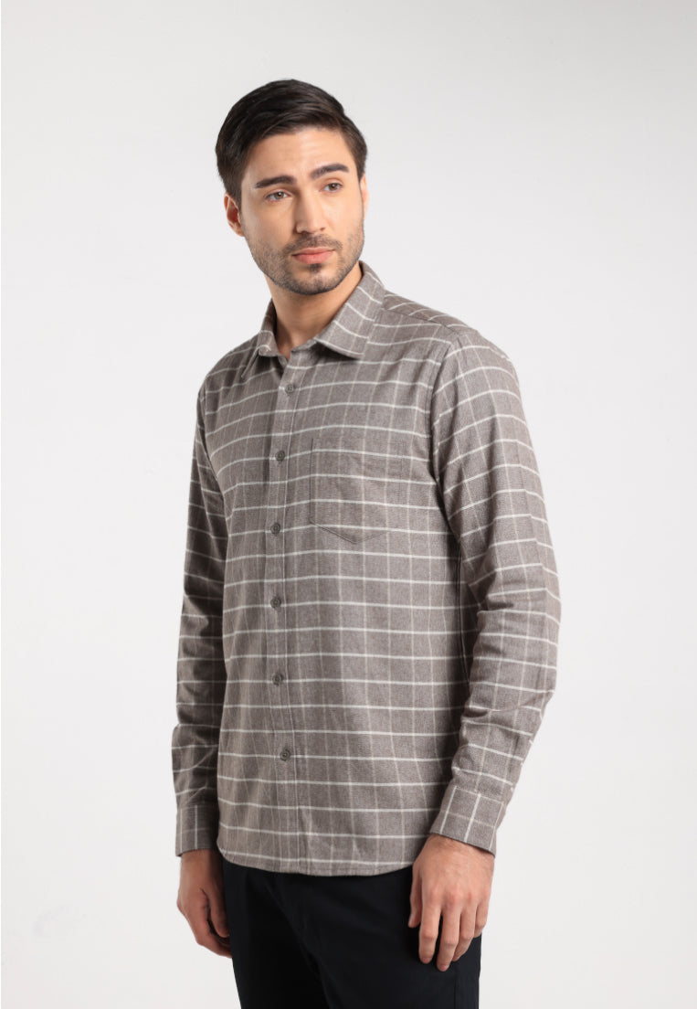 MOC - Kemeja Kotak-kotak Pria Lengan Panjang Spencer - Olive