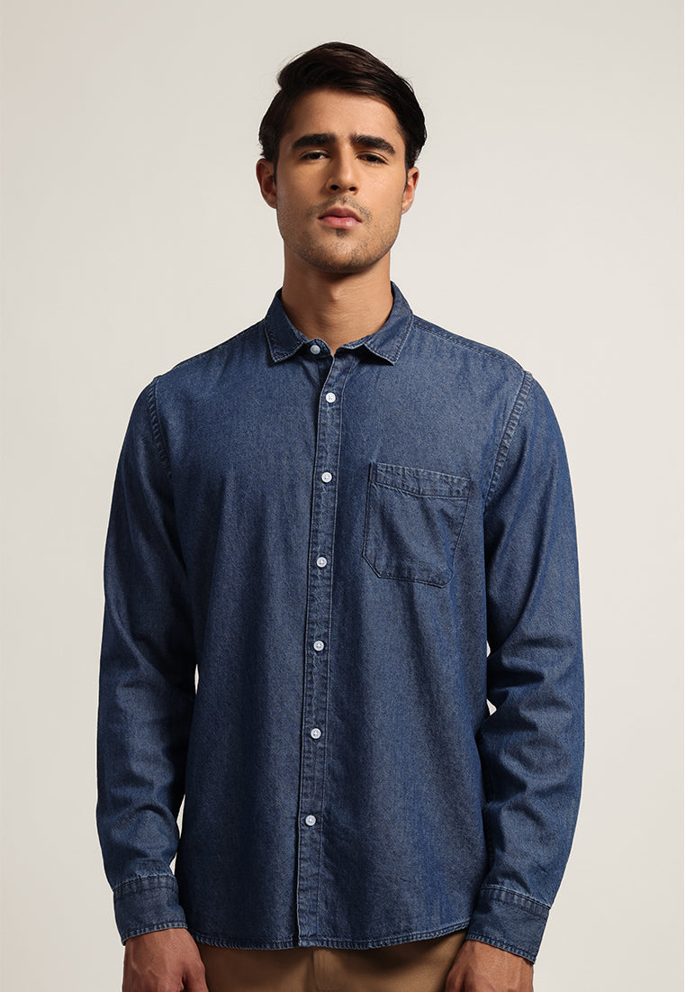 MOC Kemeja Denim Lengan Panjang Pria Saverus - Navy