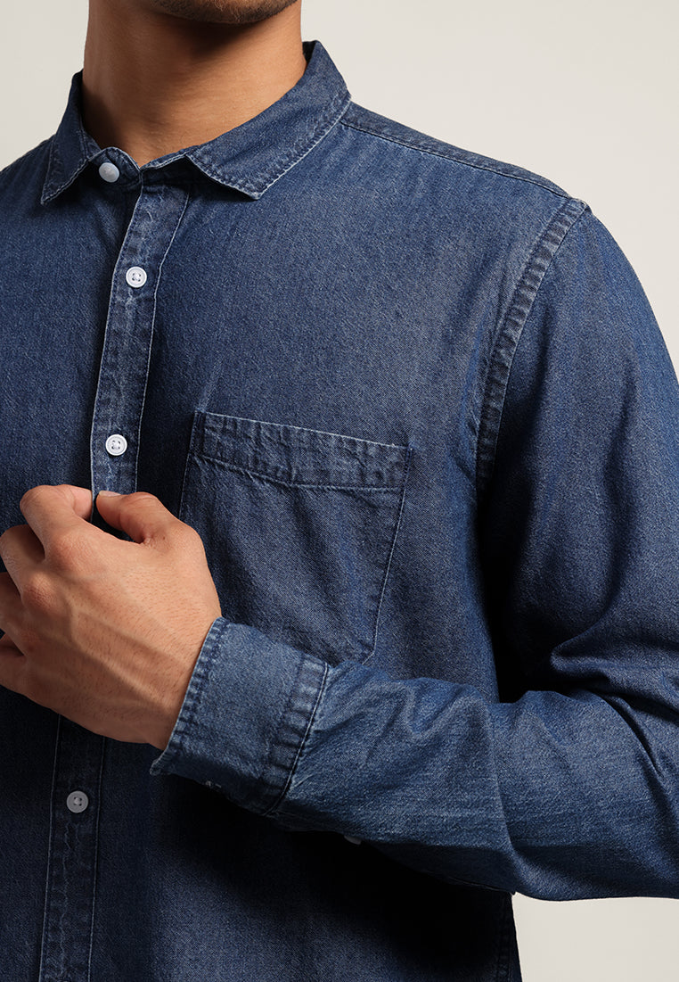 MOC Kemeja Denim Lengan Panjang Pria Saverus - Navy