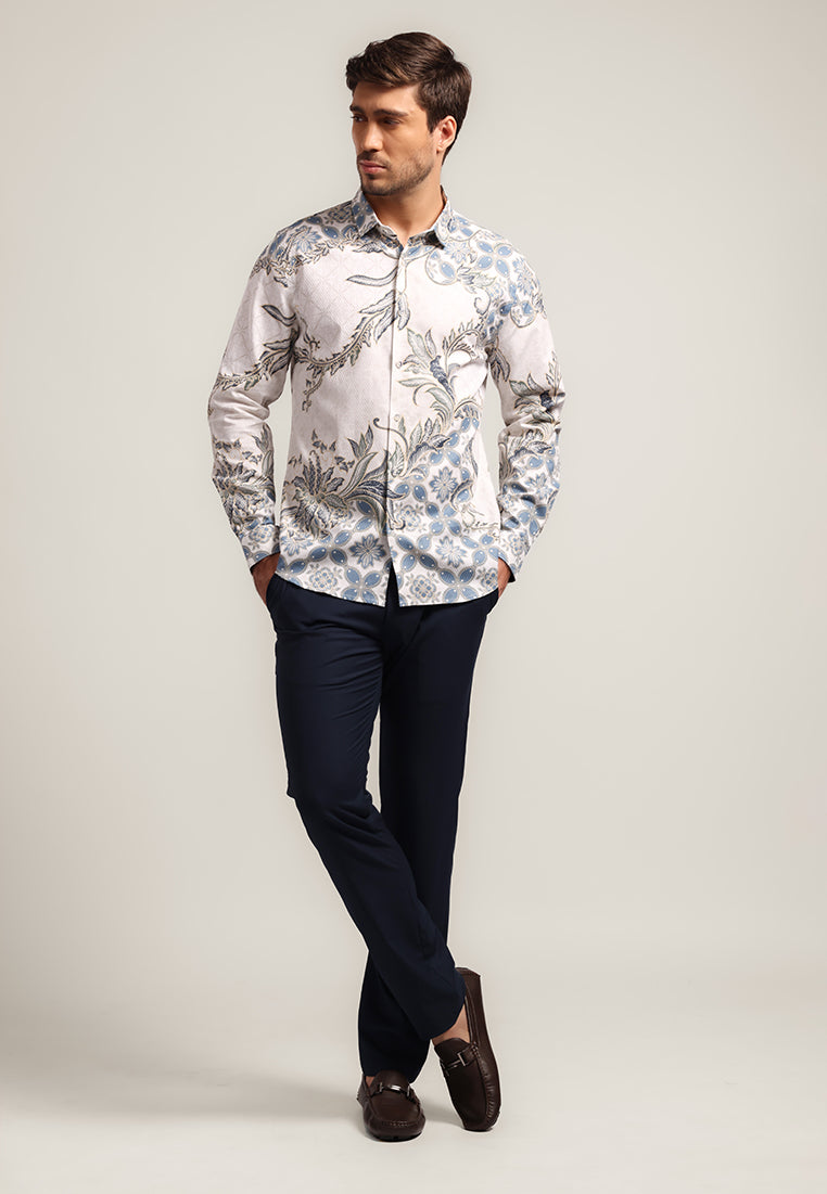 MOC - Kemeja Batik Pria Lengan Panjang Balereng - White