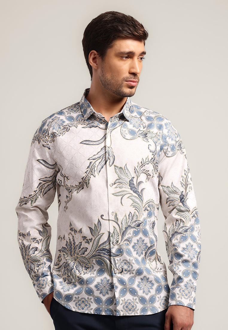MOC - Kemeja Batik Pria Lengan Panjang Balereng - White