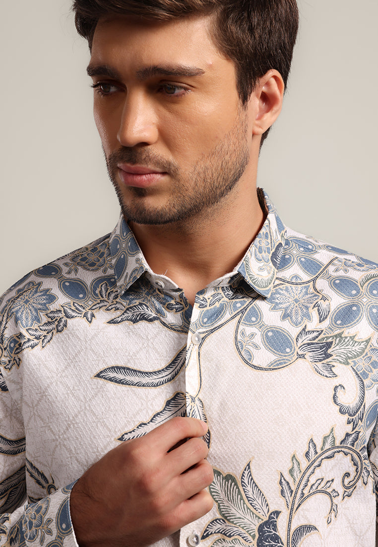 MOC - Kemeja Batik Pria Lengan Panjang Balereng - White