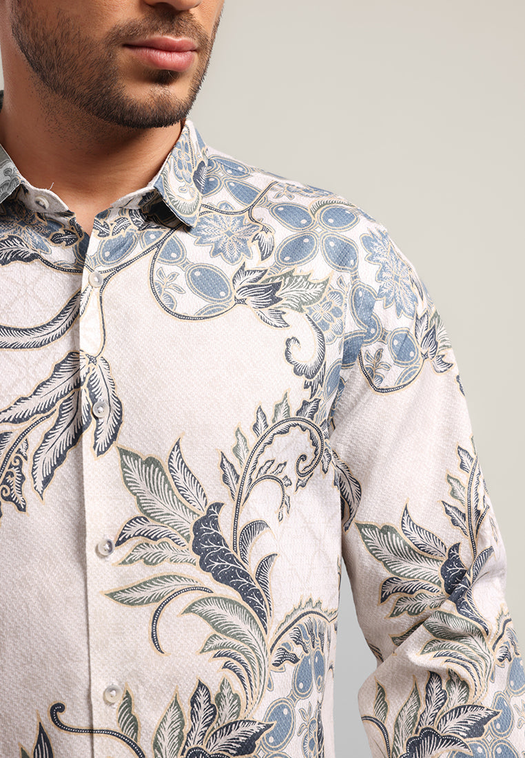 MOC - Kemeja Batik Pria Lengan Panjang Balereng - White