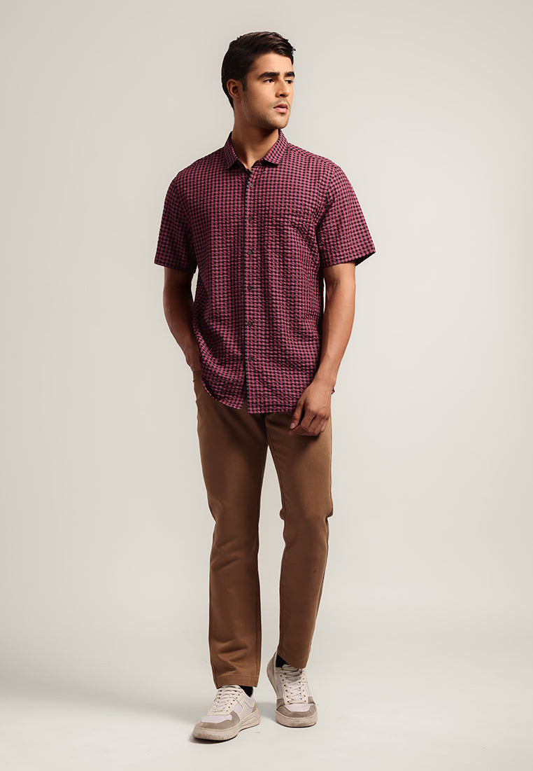 MOC - Kemeja Kotak-kotak Pria Lengan Pendek Brad - Maroon