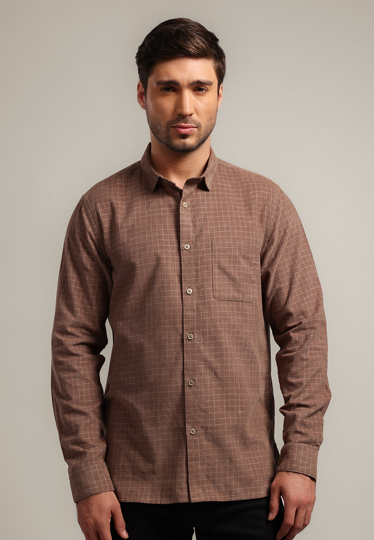 MOC - Kemeja Motif Pria Lengan Panjang CLOONEY - BROWN