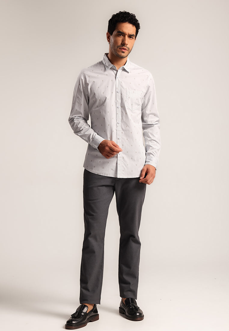 MOC - Kemeja Motif Pria Lengan Panjang Grego - Grey Light