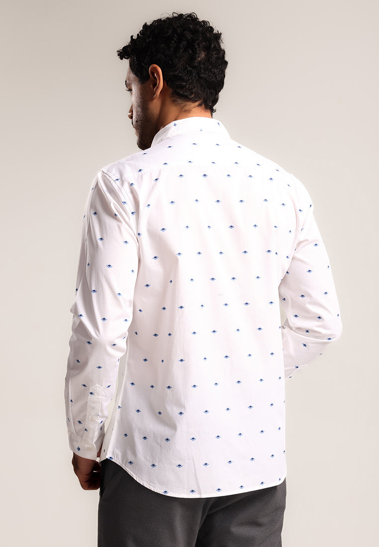 MOC - Kemeja Motif Pria Lengan Panjang Grego - White