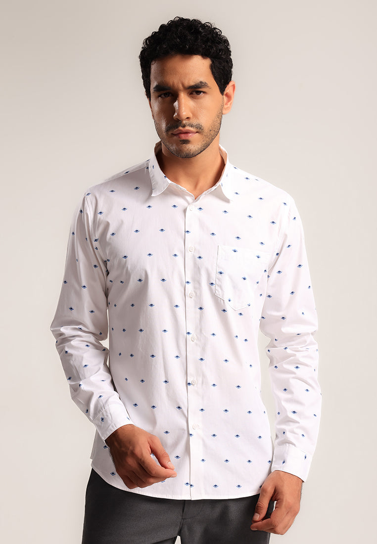 MOC - Kemeja Motif Pria Lengan Panjang Grego - White