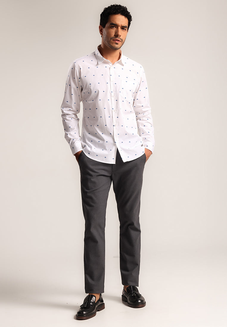 MOC - Kemeja Motif Pria Lengan Panjang Grego - White
