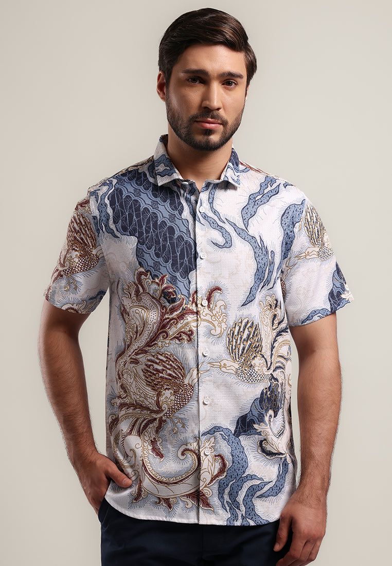 MOC - Kemeja Batik Pria Lengan Pendek Prayata - White