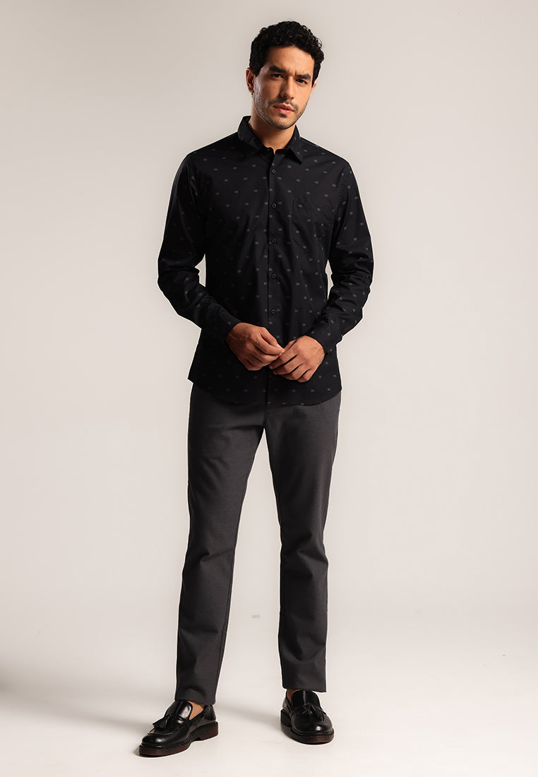 MOC - Kemeja Motif Pria Lengan Panjang Grego - Black