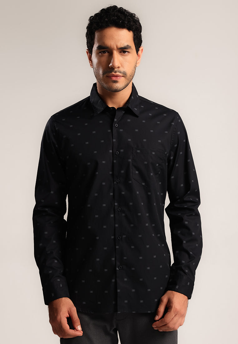 MOC - Kemeja Motif Pria Lengan Panjang Grego - Black