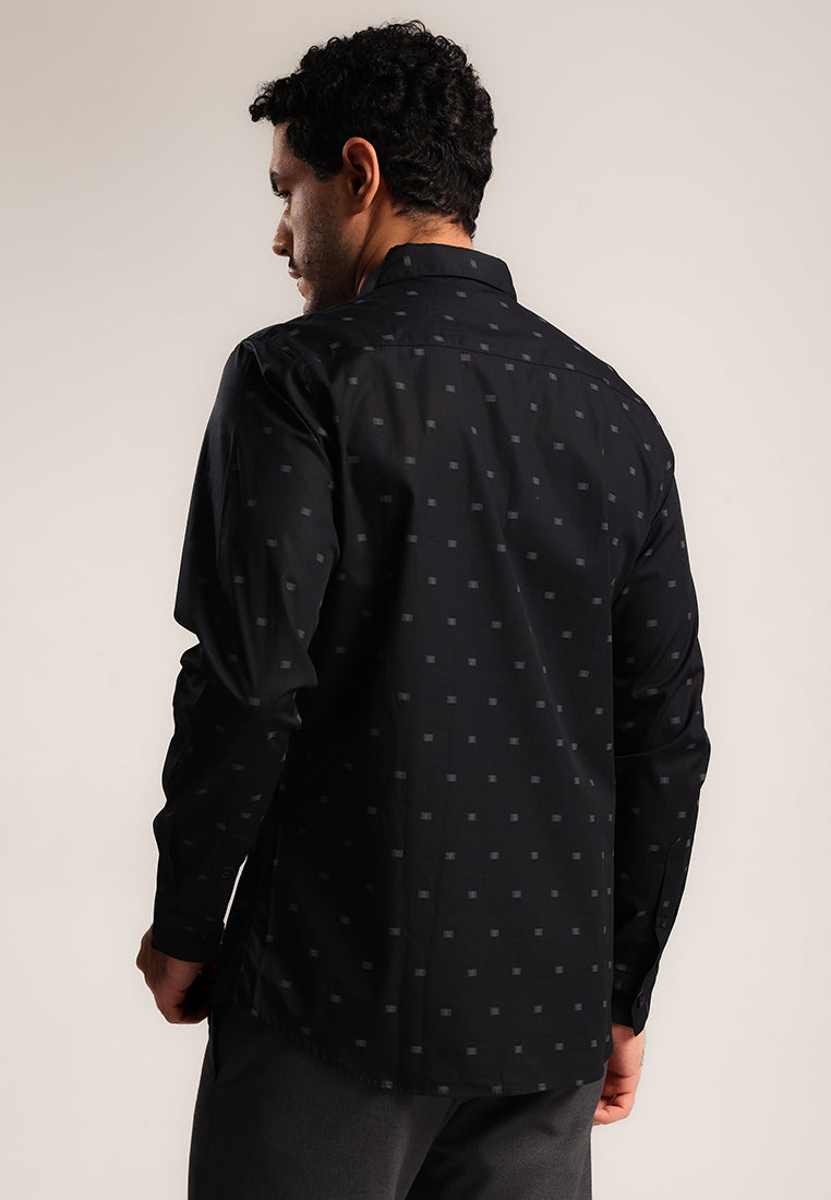 MOC - Kemeja Motif Pria Lengan Panjang Grego - Black