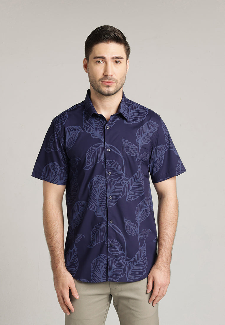MOC - Kemeja Motif Lengan Pendek Pria Caspian - Dark Navy