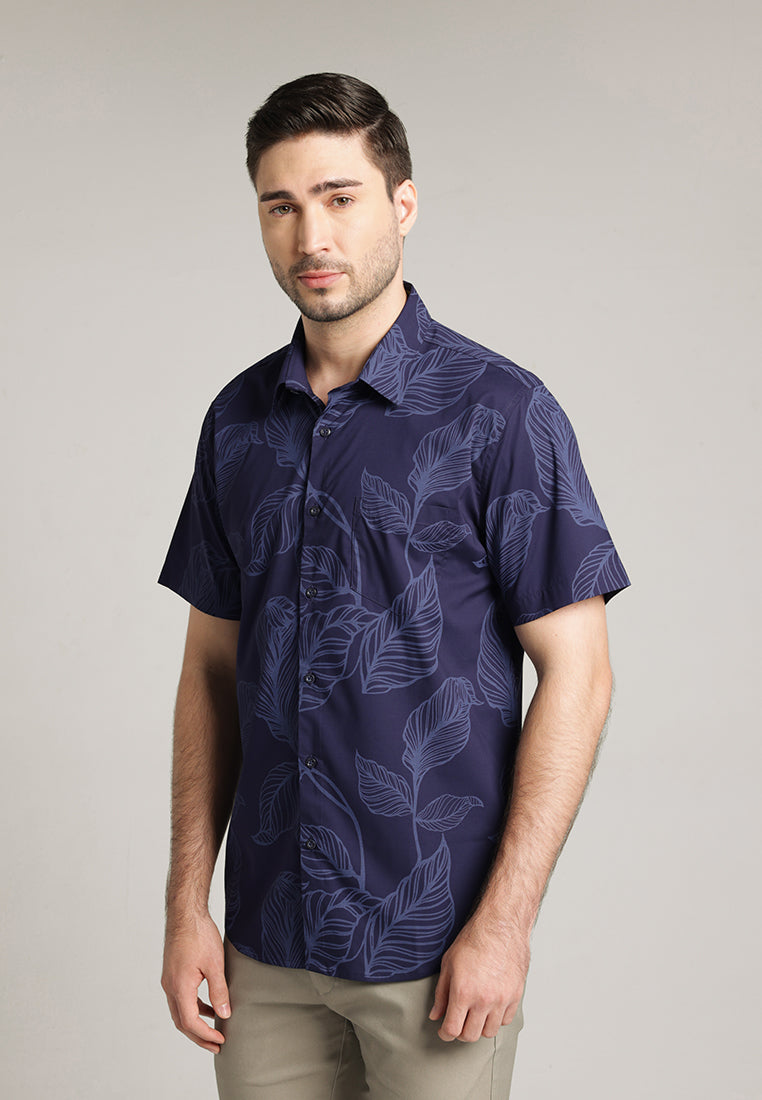 MOC - Kemeja Motif Lengan Pendek Pria Caspian - Dark Navy