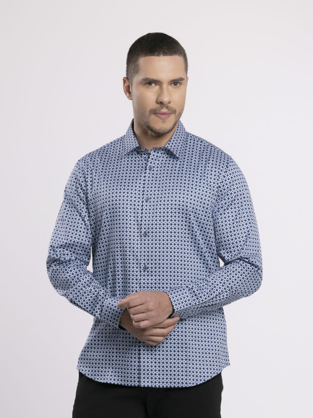 MOC - Kemeja Motif Lengan Panjang Pria Wayne - Navy