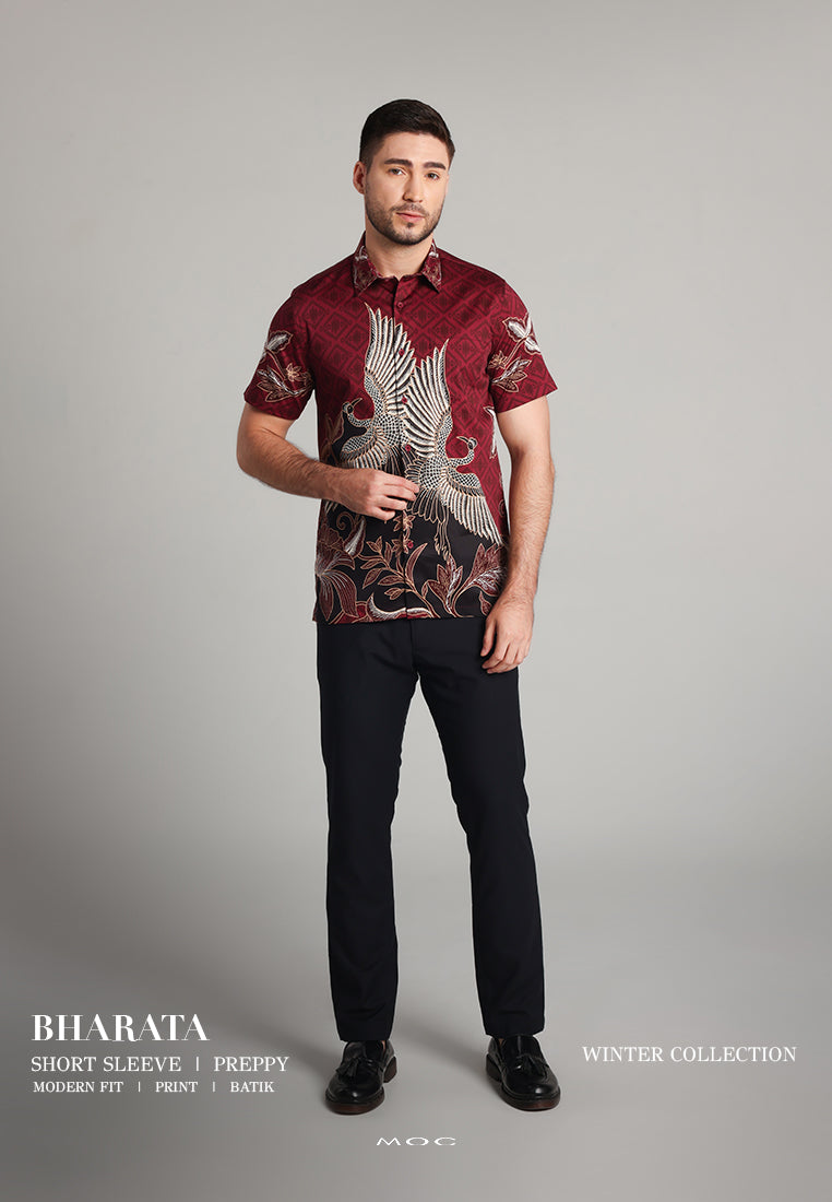 MOC - Kemeja Batik Pria Lengan Pendek Bharata - Maroon