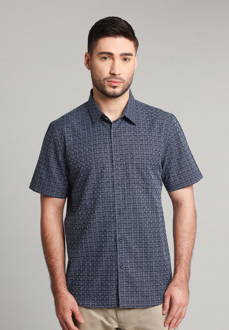 MOC - Kemeja Motif Lengan Pendek Pria Cricket - Navy
