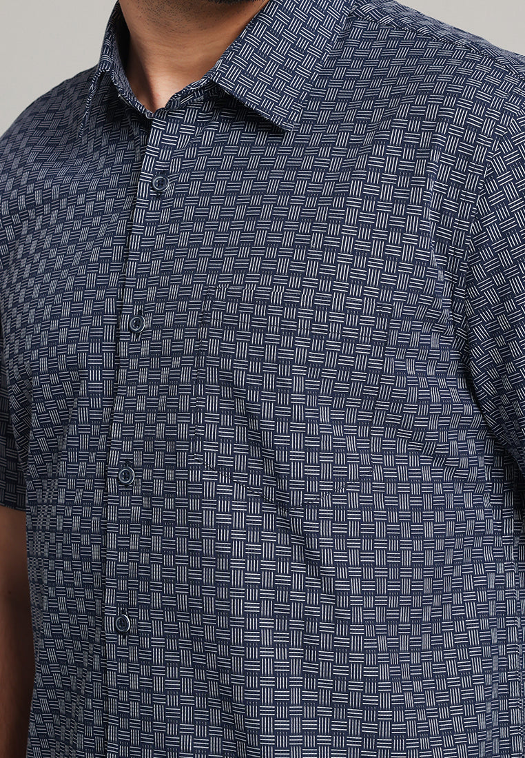 MOC - Kemeja Motif Lengan Pendek Pria Cricket - Navy