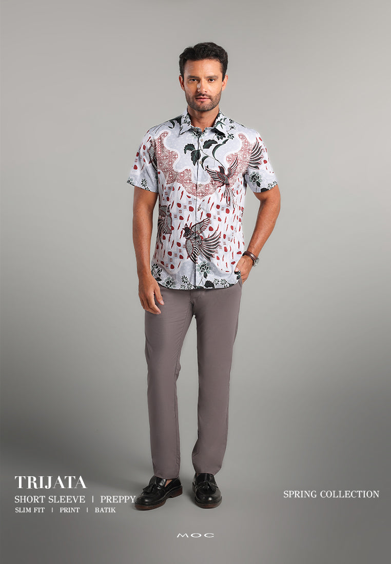MOC - Kemeja Batik Pria Lengan Pendek Trijata - Light Grey
