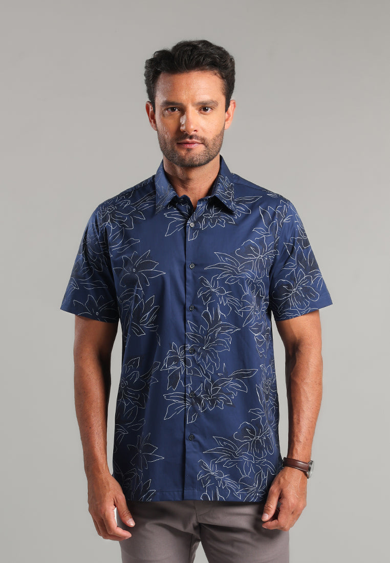 MOC - Kemeja Motif Lengan Pendek Pria Newton - Navy