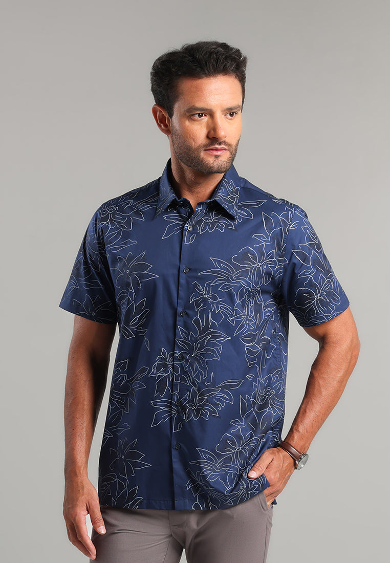 MOC - Kemeja Motif Lengan Pendek Pria Newton - Navy