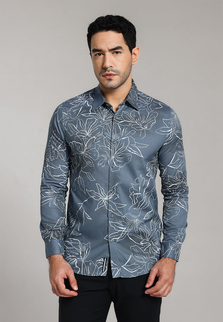 MOC - Kemeja Motif Lengan Panjang Pria Castle - Grey