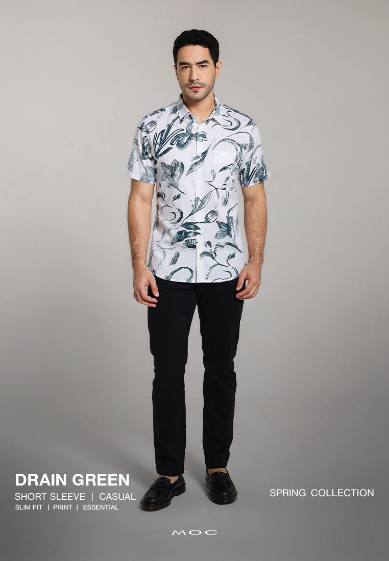 MOC - Kemeja Motif Lengan Pendek Pria Drain - Green