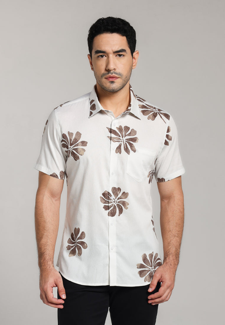 MOC - Kemeja Motif Lengan Pendek Pria Drain - White