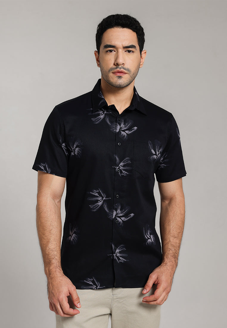 MOC - Kemeja Motif Lengan Pendek Pria Drain - Black