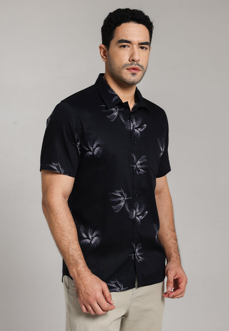 MOC - Kemeja Motif Lengan Pendek Pria Drain - Black