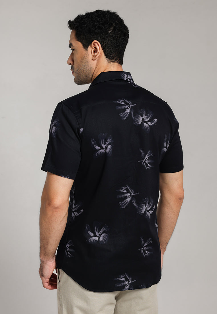 MOC - Kemeja Motif Lengan Pendek Pria Drain - Black