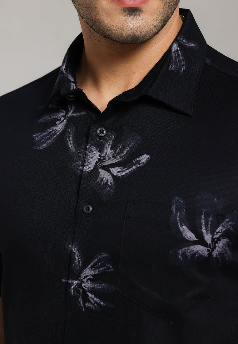 MOC - Kemeja Motif Lengan Pendek Pria Drain - Black
