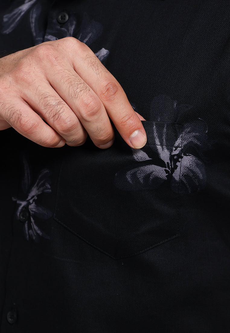 MOC - Kemeja Motif Lengan Pendek Pria Drain - Black