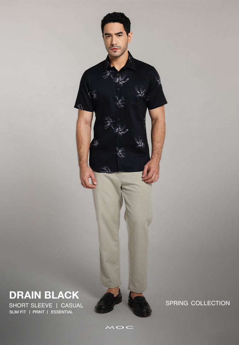 MOC - Kemeja Motif Lengan Pendek Pria Drain - Black
