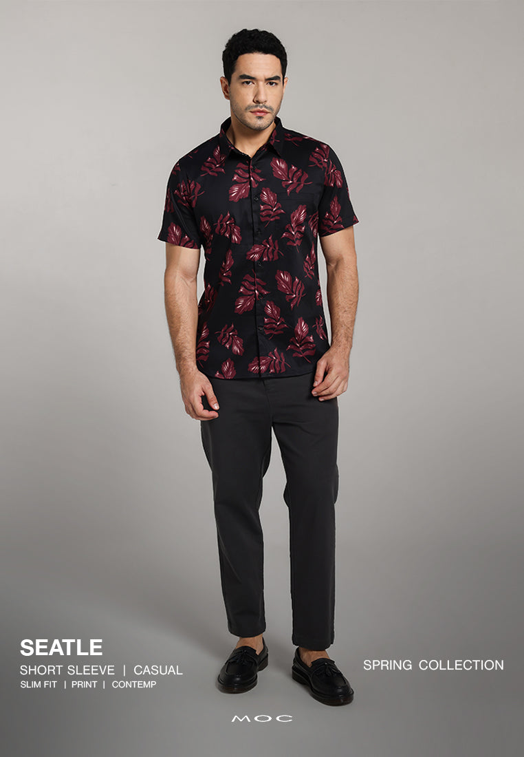 MOC - Kemeja Motif Lengan Pendek Pria Seatle - Black