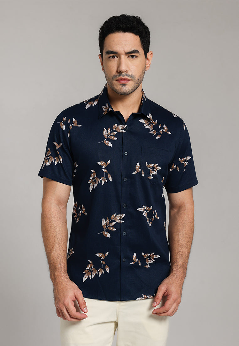 MOC - Kemeja Motif Lengan Pendek Pria Drain - Dark Blue