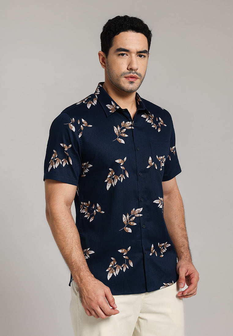 MOC - Kemeja Motif Lengan Pendek Pria Drain - Dark Blue